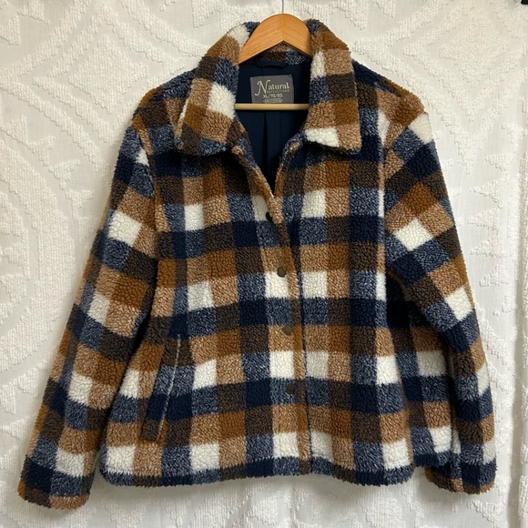 NWOT Natural Reflections Navy/Burnt Orange Plaid Teddy Boxy Shacket Coat - Picture 1 of 9